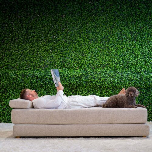 Dagdröm är en dagbädd i ett beige tyg i en härlig miljö.