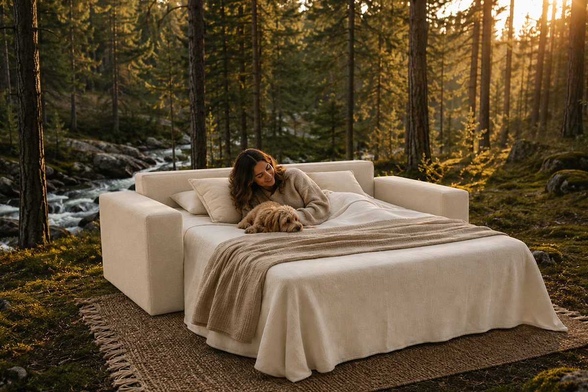 Nature 18 wide bäddsoffa i lino tyg.